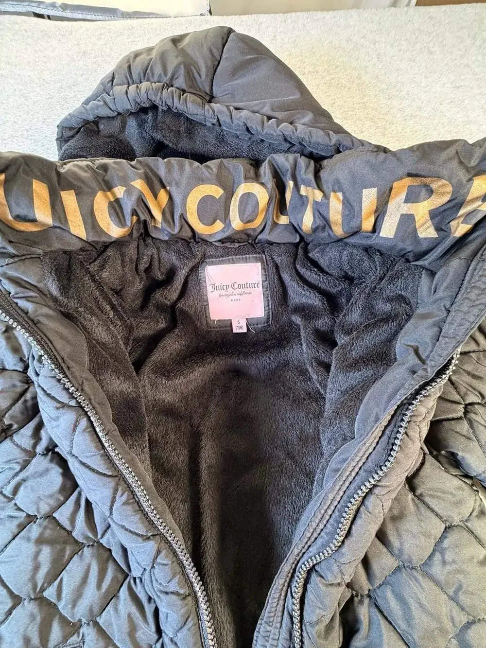Juicy Couture Quilted Puffer Jacket Size S 7/8 Black Hooded Coat
